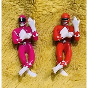 1993 MMPR Pink & Red Power Ranger 3.25" Cord Hugger COLLECTABLE Straw Sitter Toy